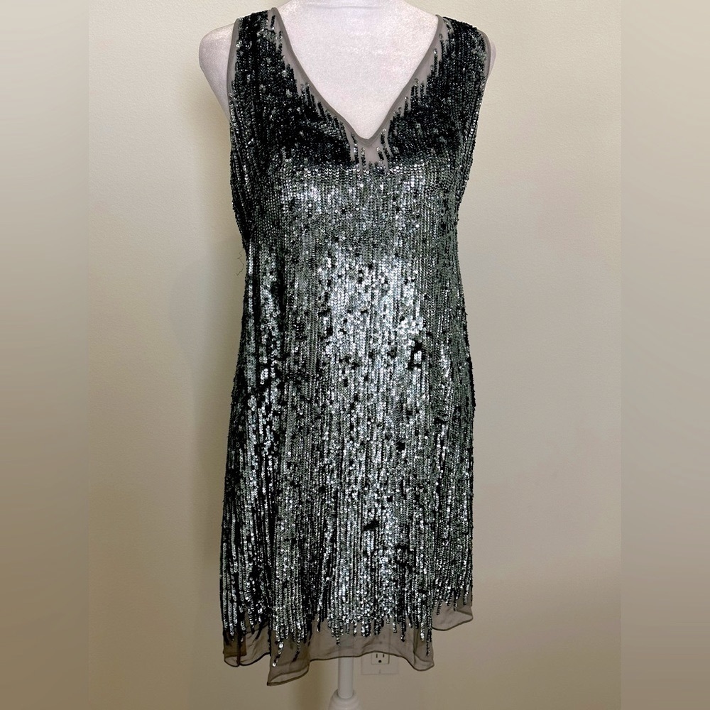 BASIX Black Label Evening Dress beaded Steele Blue on light grey silk. Size 8